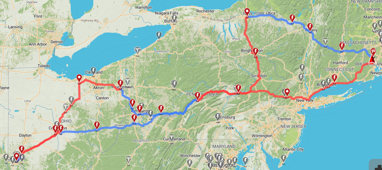 My road trip from Woonsocket RI, to Oberlin OH, to Cincinnati OH, to Woonsocket RI, as calculated for a Nissan Leaf with 151-mile range
